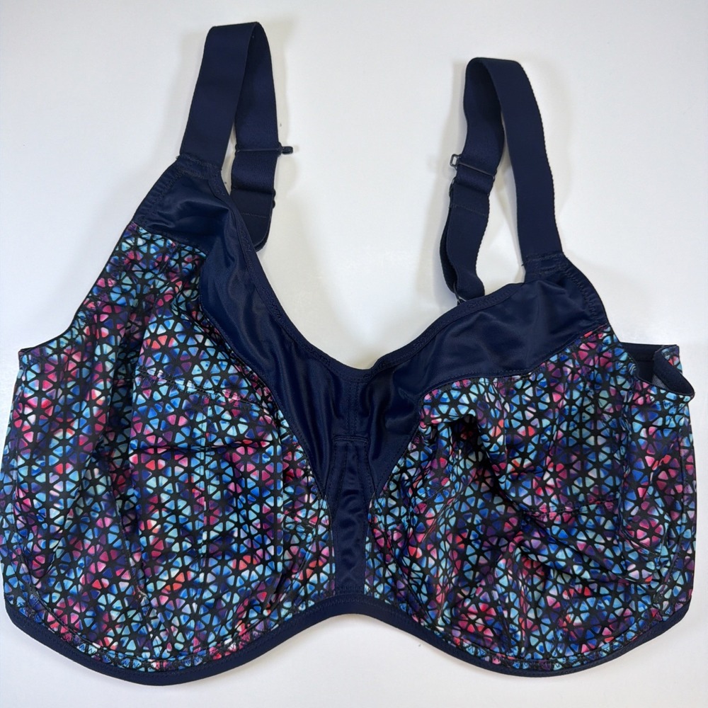 Elomi Energise Sports Bra Navy Geo Underwire Moisture Wicking Full Figure 38K
